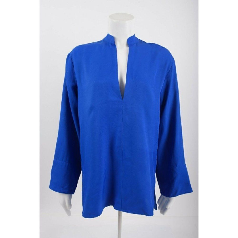 Zara Womens Flowy Slit Blouse XS Royal Blue Long Sleeve V-Neck 2143/248 NWT